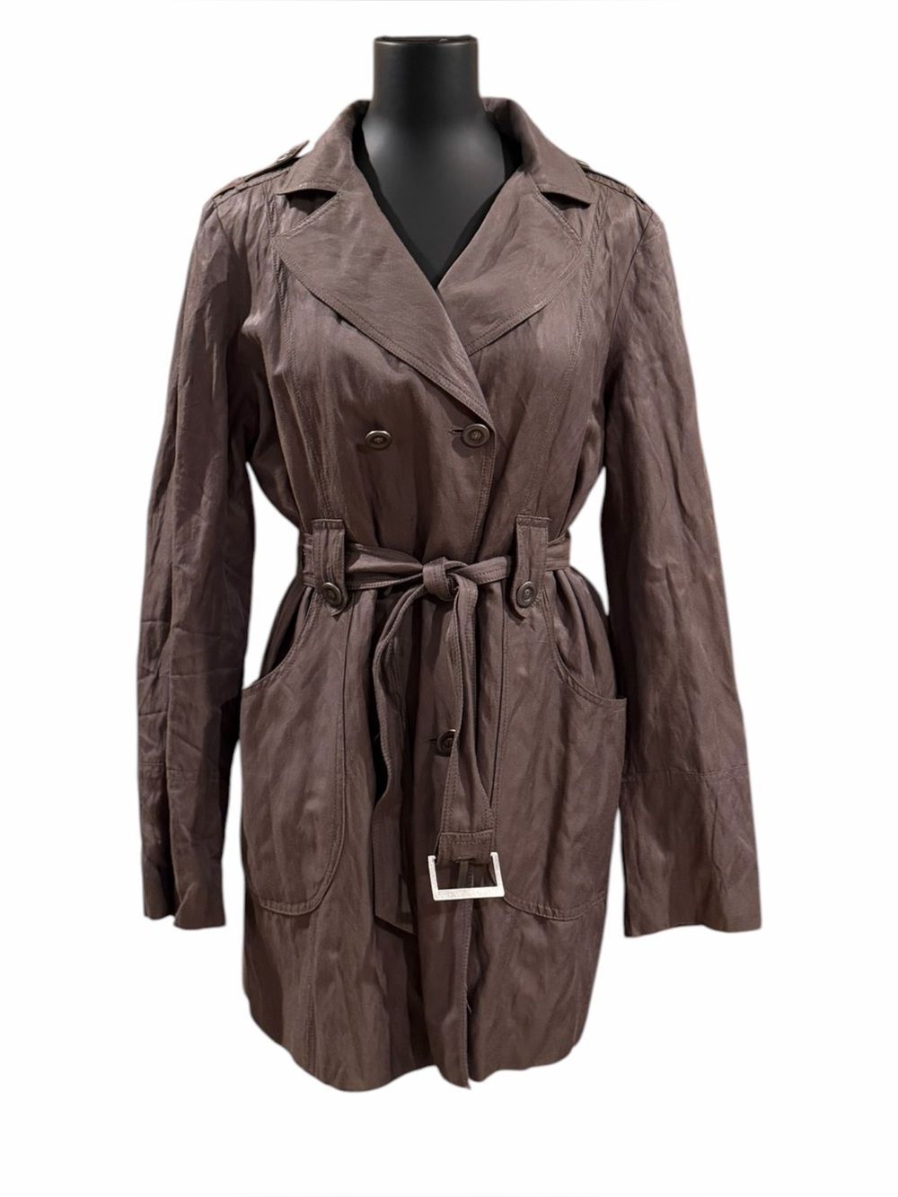 Cache Latte/Olive Brown Trench Coat belt Crinkle Twill Size Large